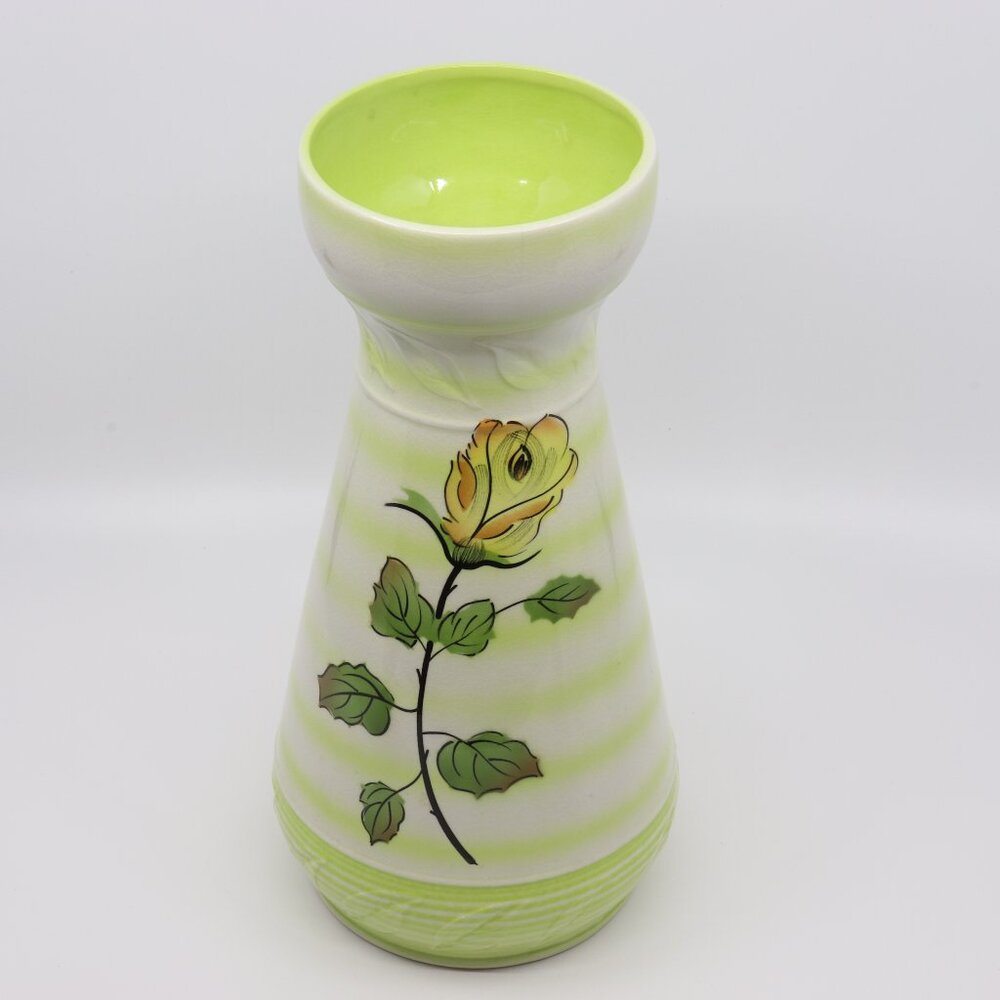 E Radford England Handpainted Woods Vase Roses Lime Green Stripes Embossed